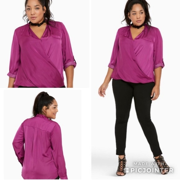 torrid Tops - Torrid Purple Satin Surplice Blouse Tab Sleeves 4X